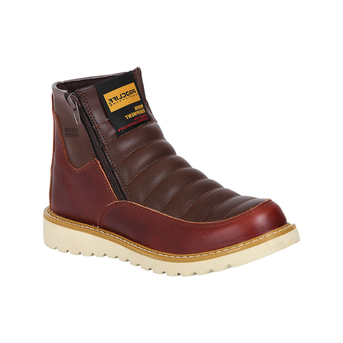 Brown leather work boot with a visible brand label
