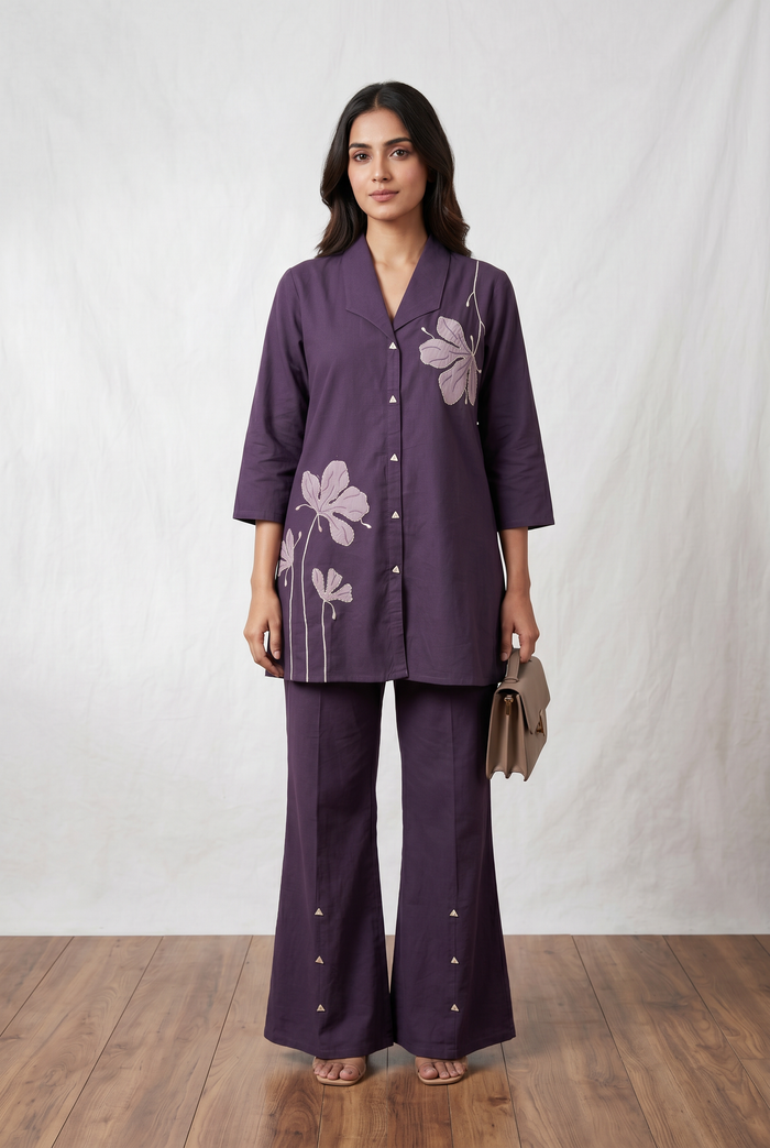 Purple Floral Embroidery Cotton Flex Co-ord Set