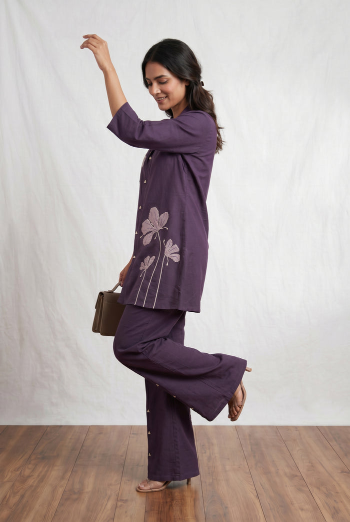 Purple Floral Embroidery Cotton Flex Co-ord Set