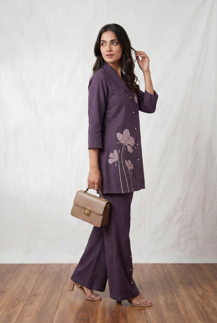 Purple Floral Embroidery Cotton Flex Co-ord Set