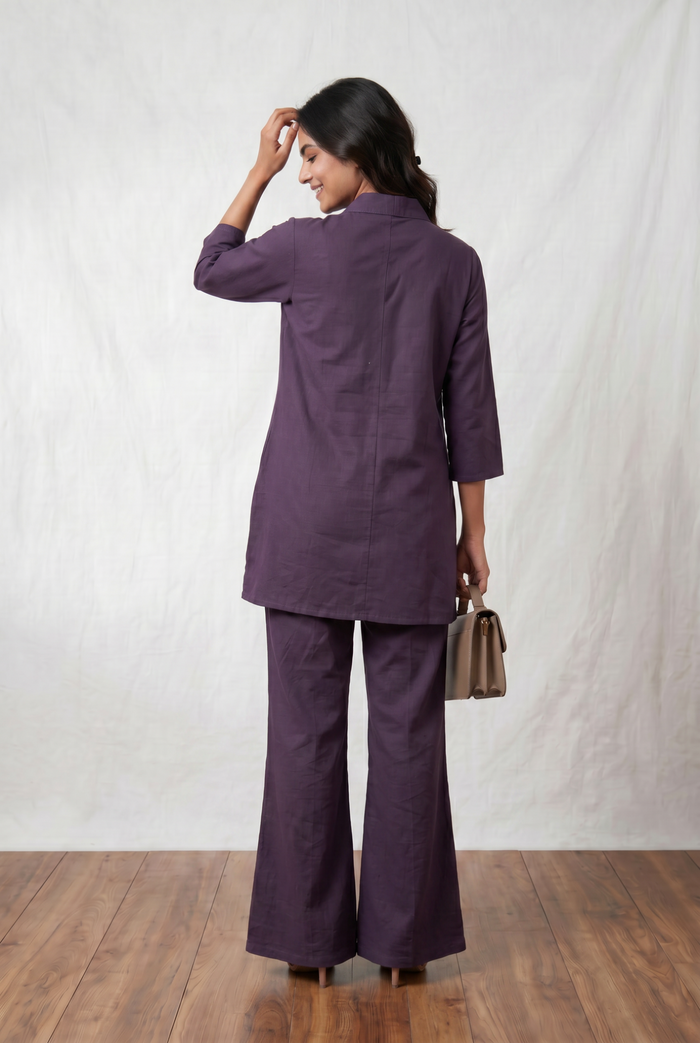 Purple Floral Embroidery Cotton Flex Co-ord Set