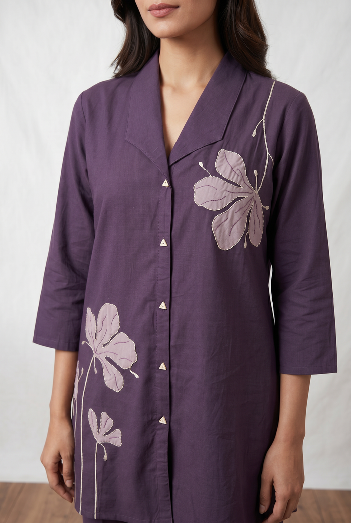 Purple Floral Embroidery Cotton Flex Co-ord Set