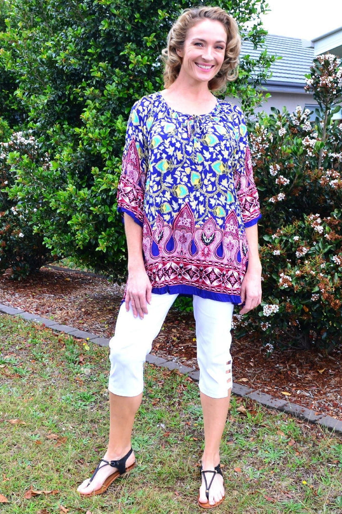 Rajasthani Palace Crinkle Tunic Top by Hourglass, featuring intricate patterns and a loose, comfortable fit.