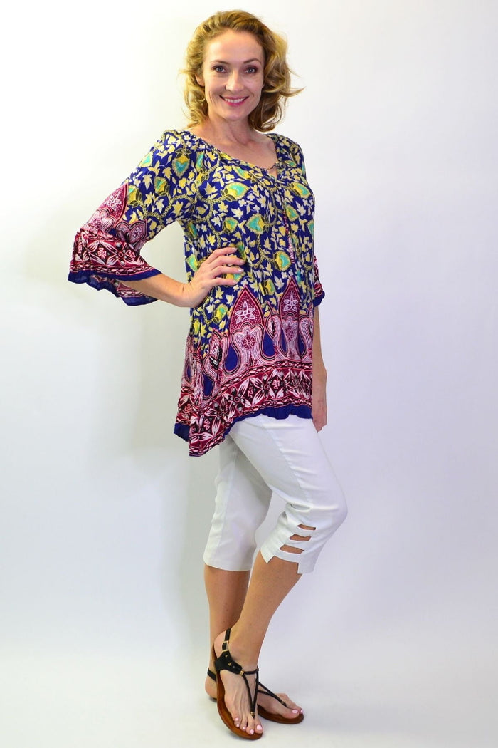 Rajasthani Palace Crinkle Tunic Top by Hourglass, featuring intricate patterns and crinkle fabric in a traditional style.