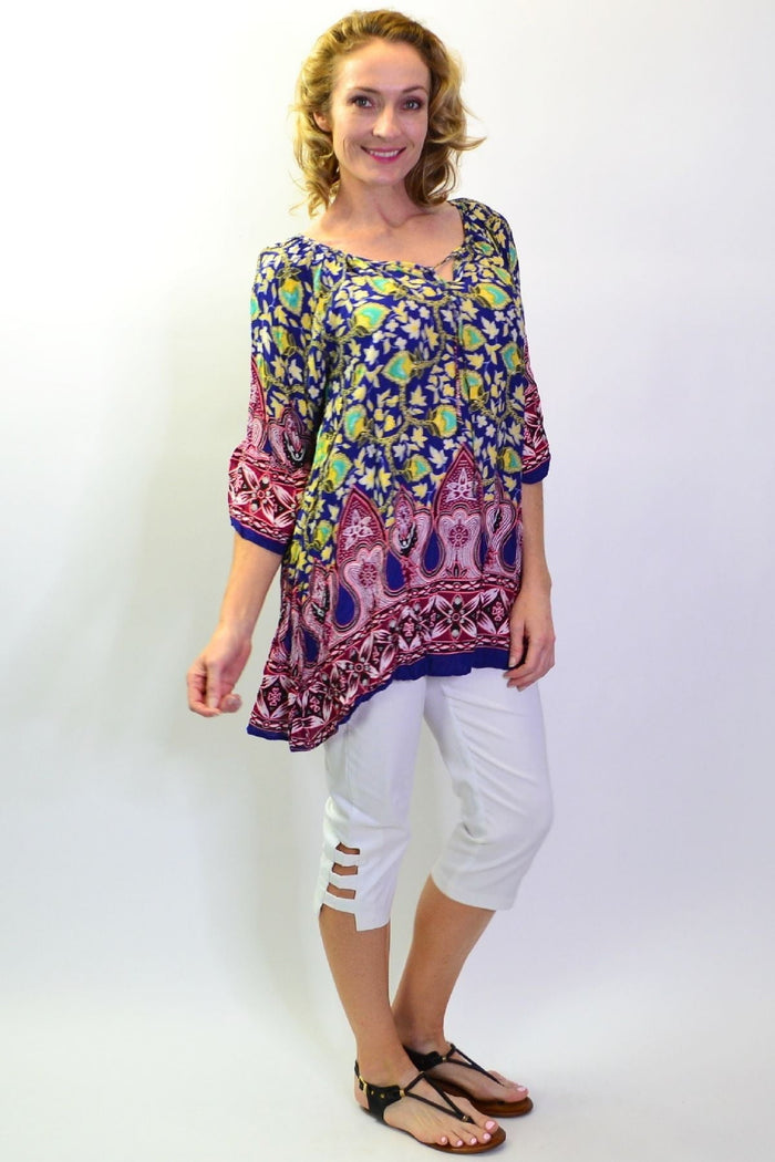 Rajasthani Palace Crinkle Tunic Top by Hourglass, featuring intricate patterns and a flowy crinkle fabric design.