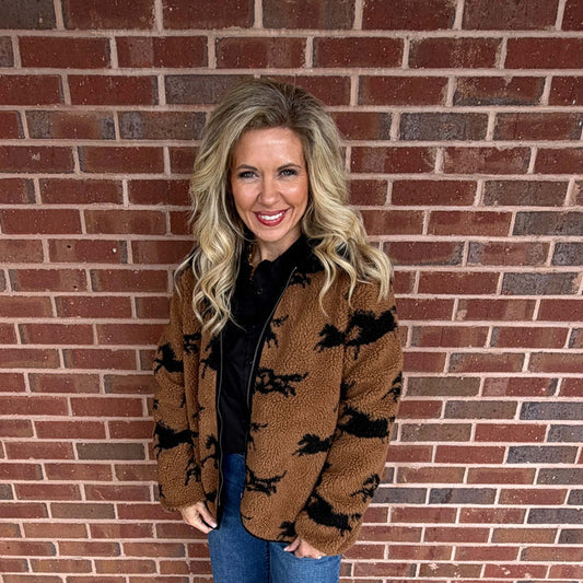 RDI - JOLINE SHERPA, Zip Front Jacket w Horse Print - Brown - SALE