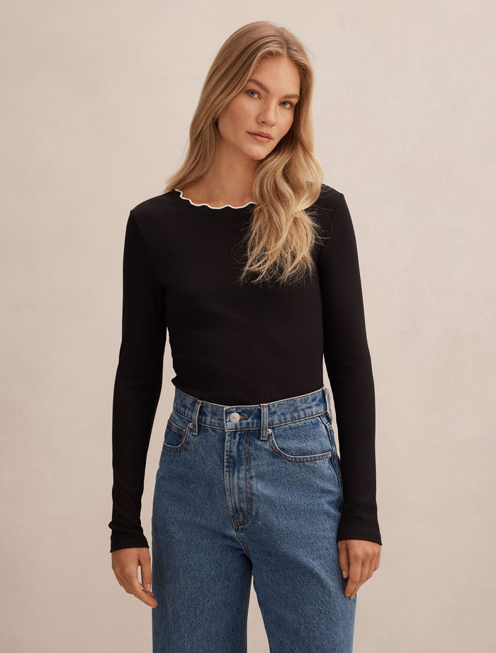 Rebecca Scallop Long Sleeve Top Black Porcelain Forever New