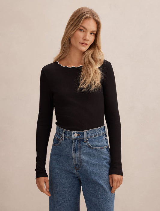 Rebecca Scallop Long Sleeve Top Black Porcelain Forever New