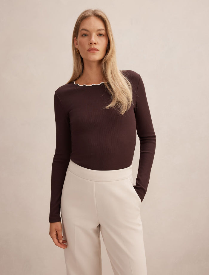 Rebecca Scallop Long Sleeve Top Chocolate Porcelain Forever New