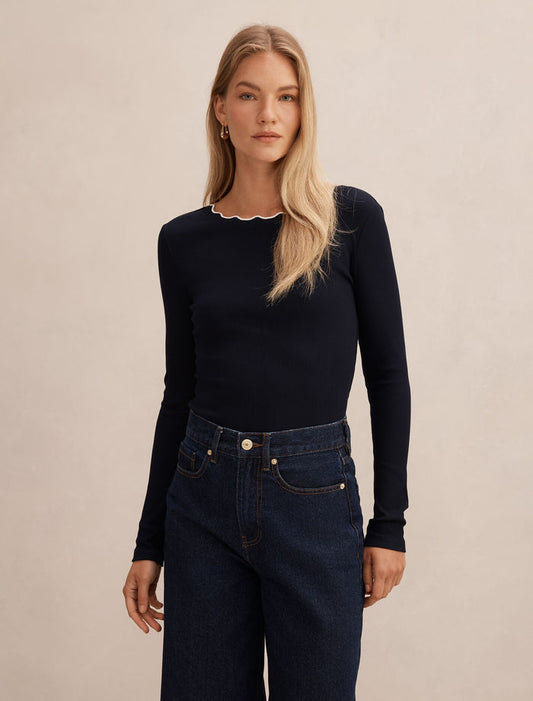 Rebecca Scallop Long Sleeve Top Navy Porcelain Forever New