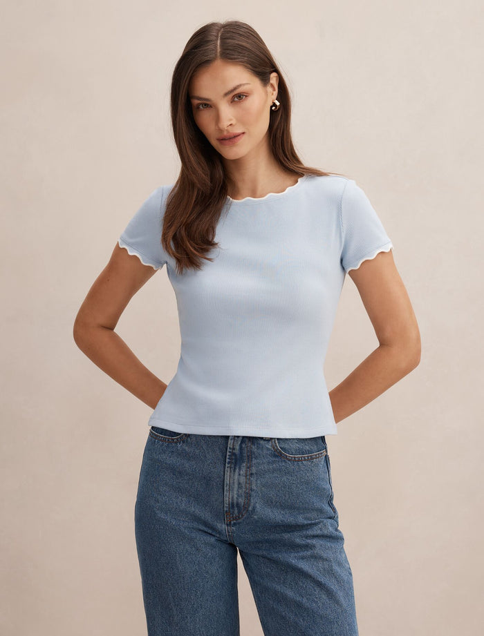 Rebecca Scallop Trim T-Shirt Cloud Blue Porcelain Forever New