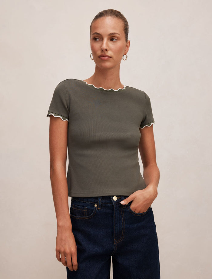 Rebecca Scallop Trim T-Shirt Thyme Porcelain Forever New