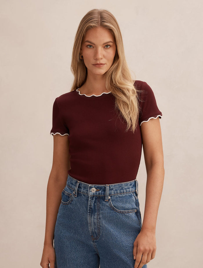Rebecca Scallop Trim T-Shirt Deep Maroon Porcelain Forever New