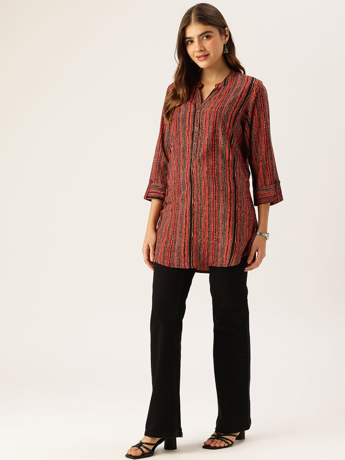 Red & Black Striped Printed Mandarin Collar Tunic
