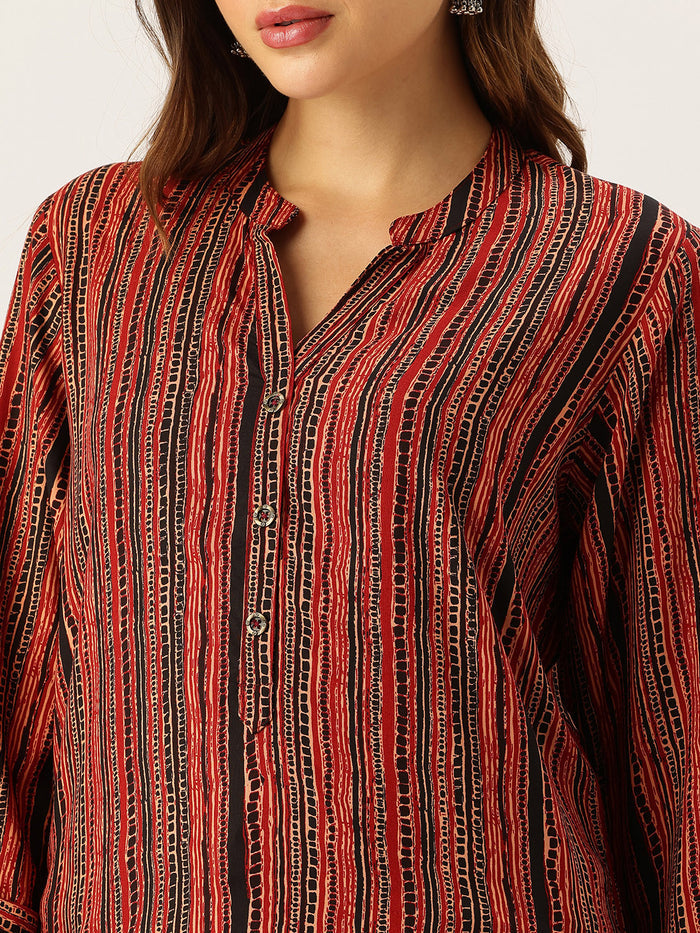 Red & Black Striped Printed Mandarin Collar Tunic