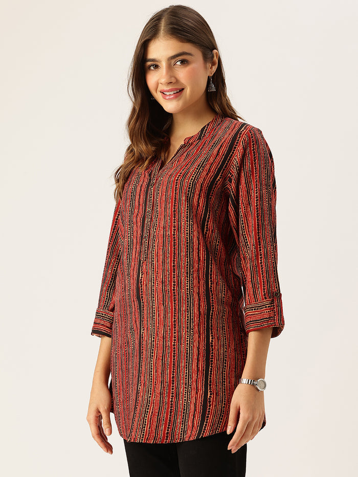 Red & Black Striped Printed Mandarin Collar Tunic