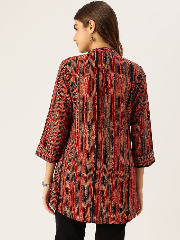 Red & Black Striped Printed Mandarin Collar Tunic