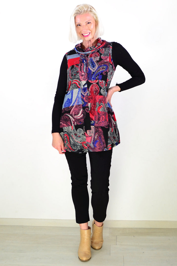 Red Blue Paisley Print Cowl Neck Tunic Top
