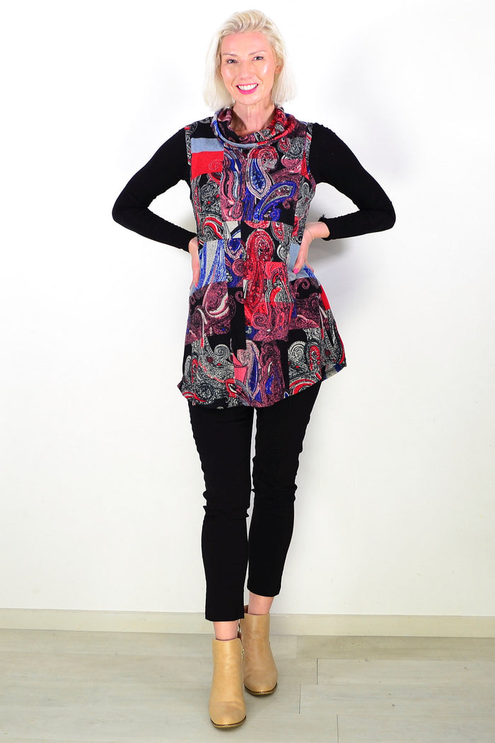 Red Blue Paisley Print Cowl Neck Tunic Top