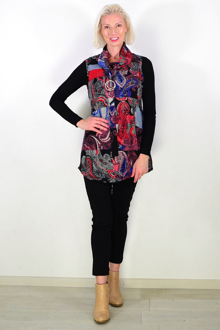 Red Blue Paisley Print Cowl Neck Tunic Top