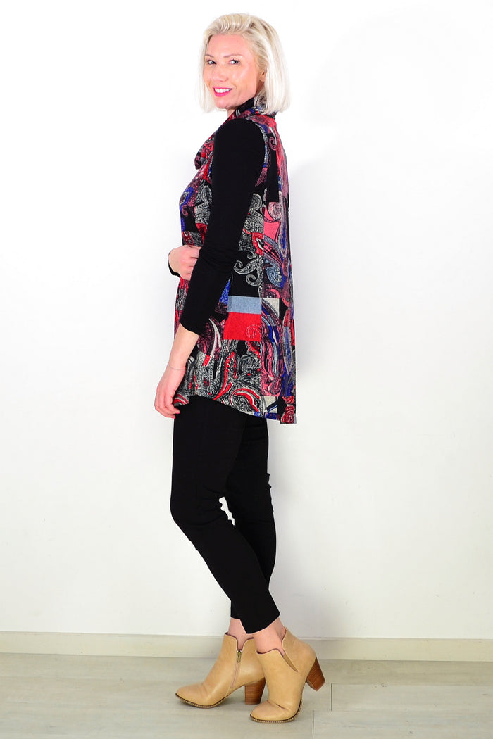 Red Blue Paisley Print Cowl Neck Tunic Top