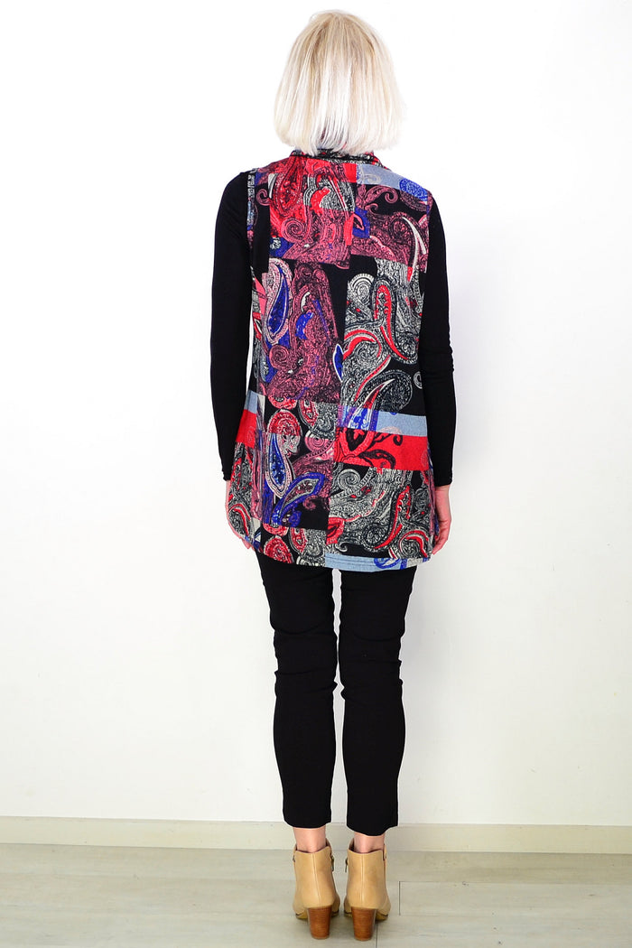 Red Blue Paisley Print Cowl Neck Tunic Top