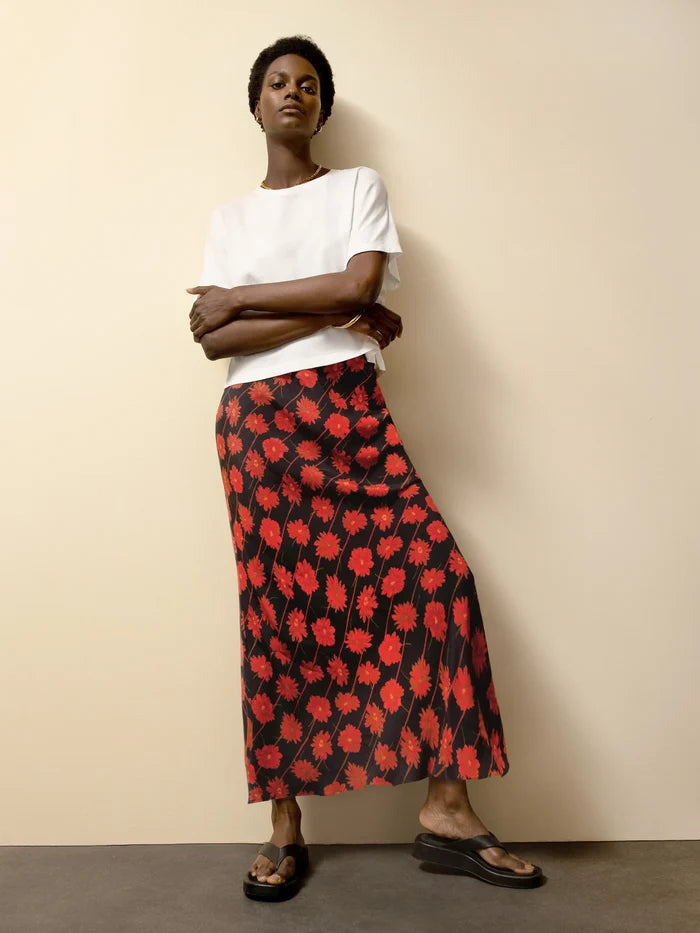 Red Daisy-Print Striped Bias-Cut Skirt