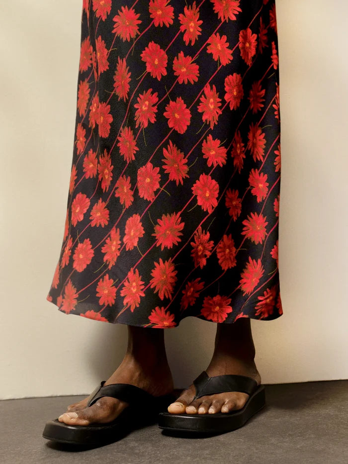 Red Daisy-Print Striped Bias-Cut Skirt