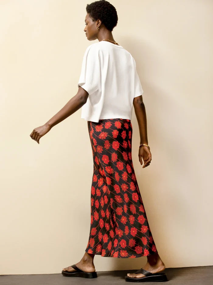 Red Daisy-Print Striped Bias-Cut Skirt