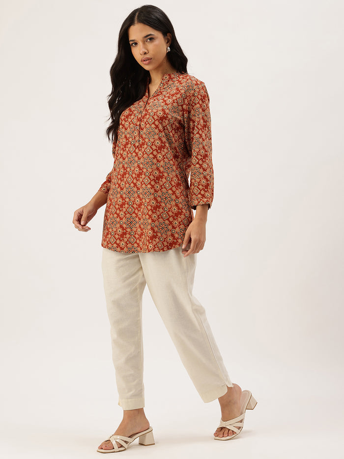 Red Ethnic Printed Mandarin Collar Tunic ,Red Tunic, Ethnic Tunic, Printed Tunic, Mandarin Collar Tunic, Womens Tunic, Ethnic Top, Indo Western Top, Fusion Wear, Indian Wear, Casual Wear, Festive Wear, Office Wear