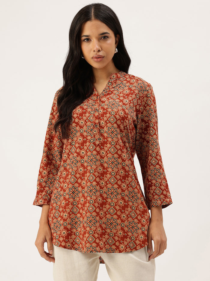Red Ethnic Printed Mandarin Collar Tunic ,Red Tunic, Ethnic Tunic, Printed Tunic, Mandarin Collar Tunic, Womens Tunic, Ethnic Top, Indo Western Top, Fusion Wear, Indian Wear, Casual Wear, Festive Wear, Office Wear