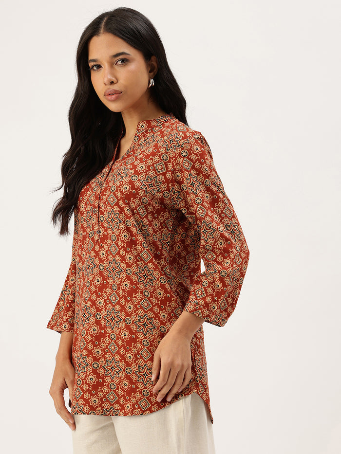 Red Ethnic Printed Mandarin Collar Tunic ,Red Tunic, Ethnic Tunic, Printed Tunic, Mandarin Collar Tunic, Womens Tunic, Ethnic Top, Indo Western Top, Fusion Wear, Indian Wear, Casual Wear, Festive Wear, Office Wear