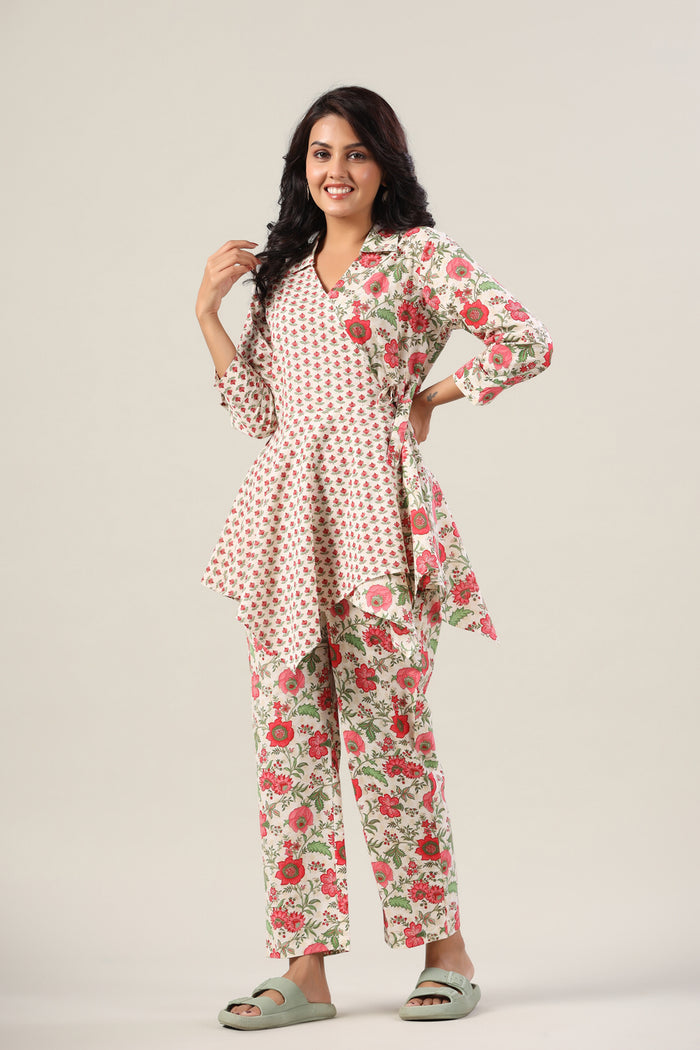 Red Floral Jaal on Side Knot Cotton Co-ord Set