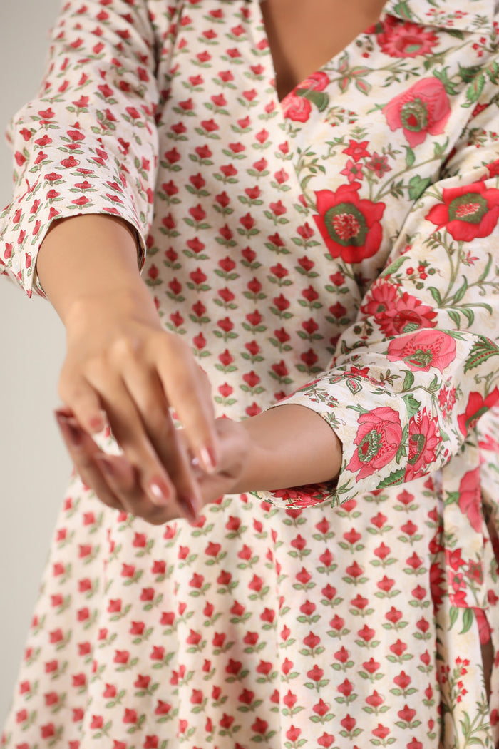 Red Floral Jaal on Side Knot Cotton Co-ord Set
