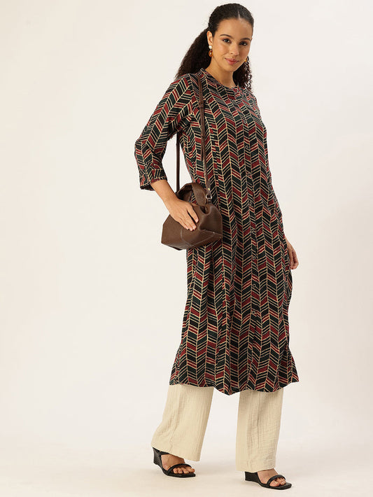 Red Geometric Printed A Line Kurta, red kurta, A-line kurta, geometric print kurta, printed kurta, Womens ethnic wear, Indian ethnic wear, casual kurta, festive kurta, daily wear kurta