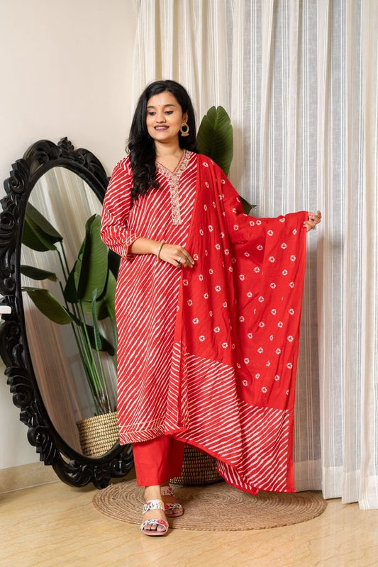 Red Leheriya Cotton Suit Set
