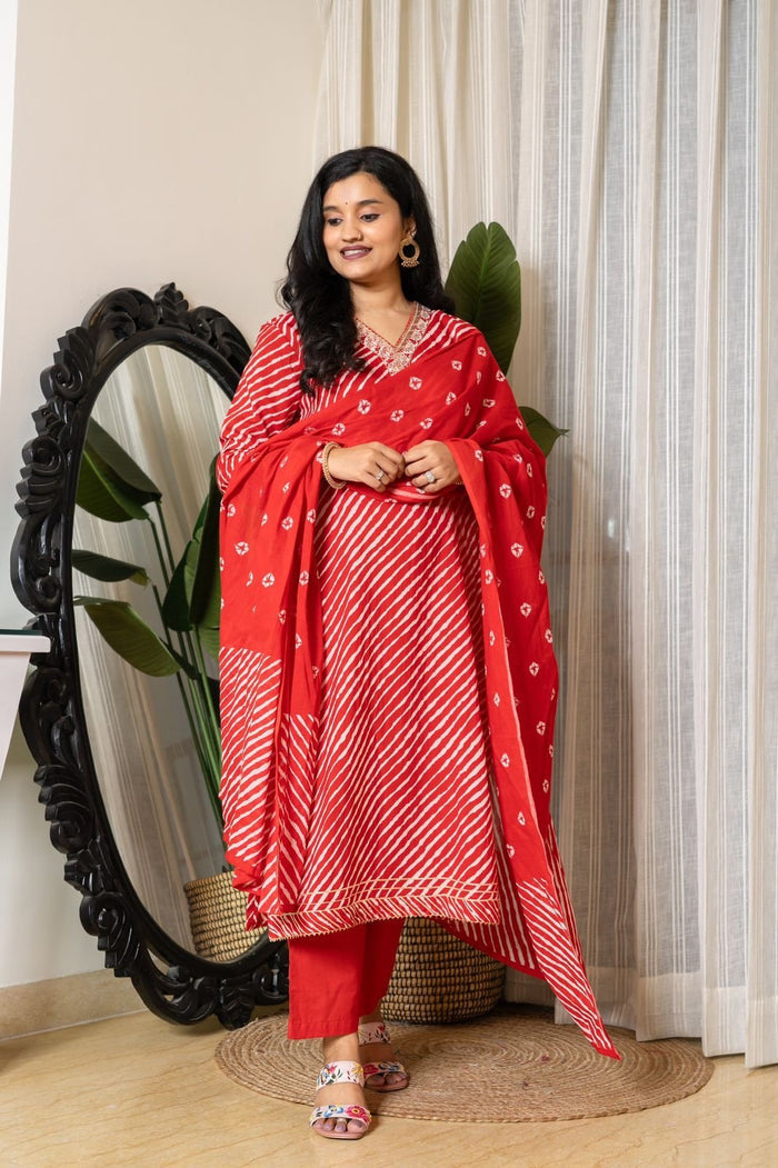 Red Leheriya Cotton Suit Set