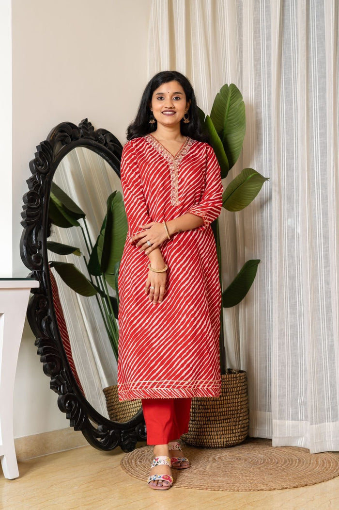 Red Leheriya Cotton Suit Set
