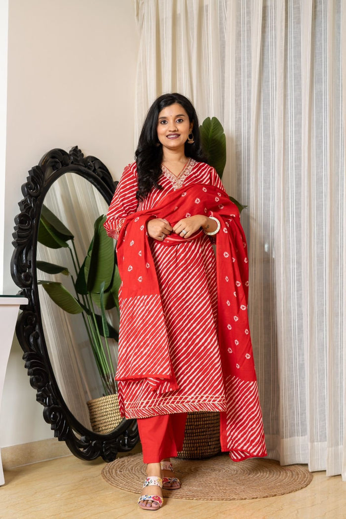 Red Leheriya Cotton Suit Set