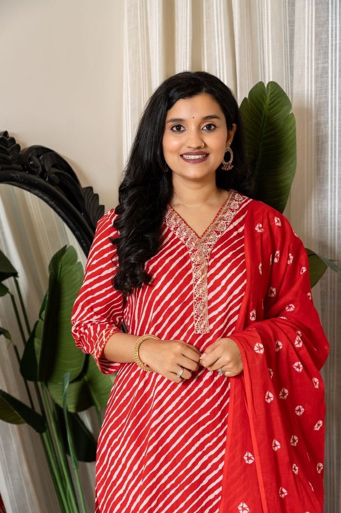 Red Leheriya Cotton Suit Set