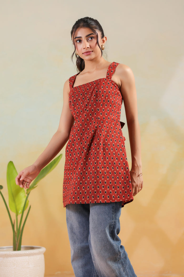 Red Mini Paisley Printed Cotton Summer Sleeveless Short Kurti