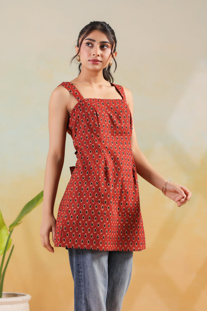 Red Mini Paisley Printed Cotton Summer Sleeveless Short Kurti