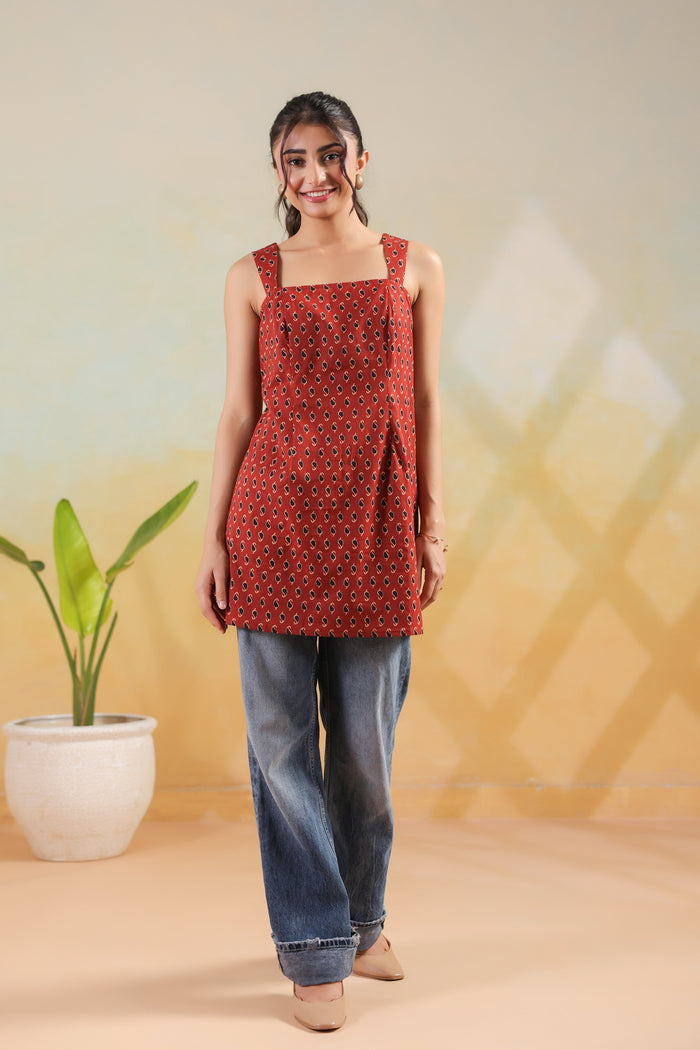 Red Mini Paisley Printed Cotton Summer Sleeveless Short Kurti