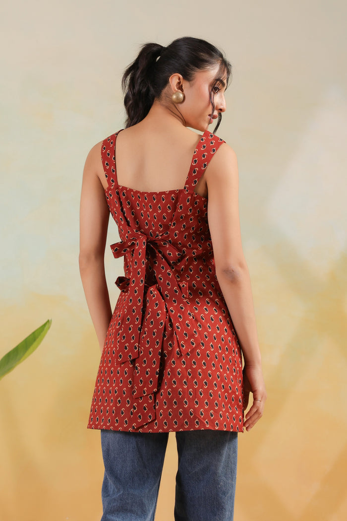 Red Mini Paisley Printed Cotton Summer Sleeveless Short Kurti