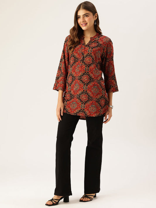 Red Printed Mandarin Collar Tunic