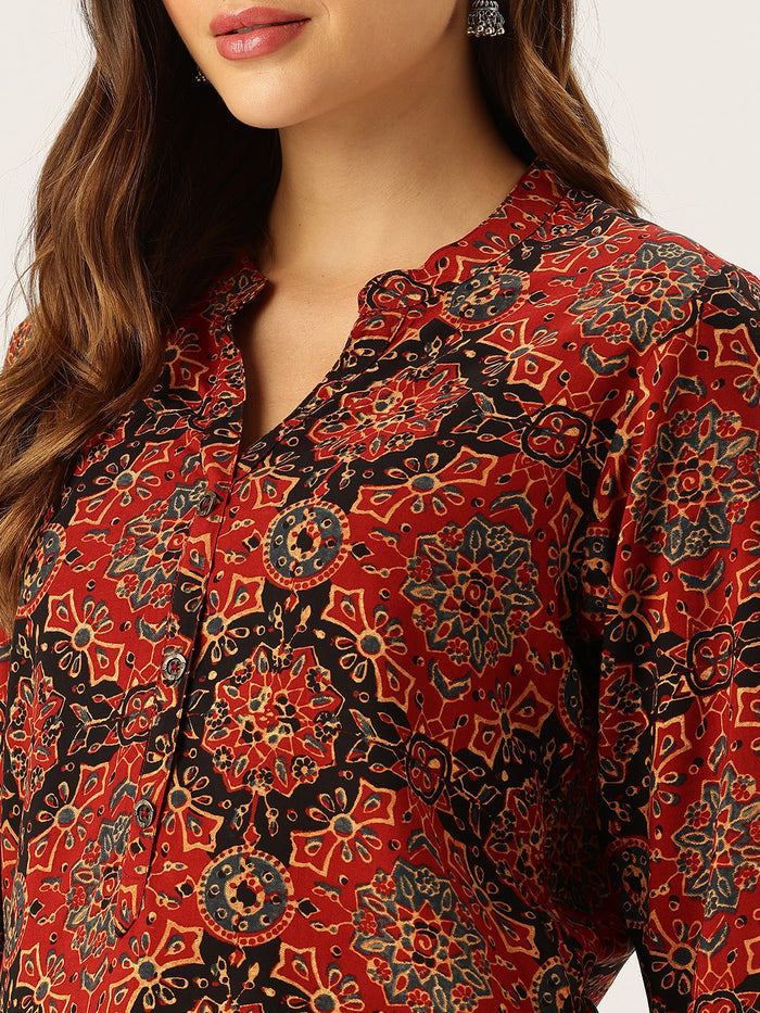 Red Printed Mandarin Collar Tunic