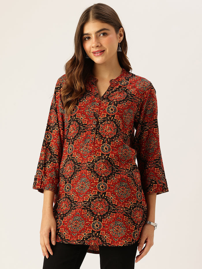 Red Printed Mandarin Collar Tunic