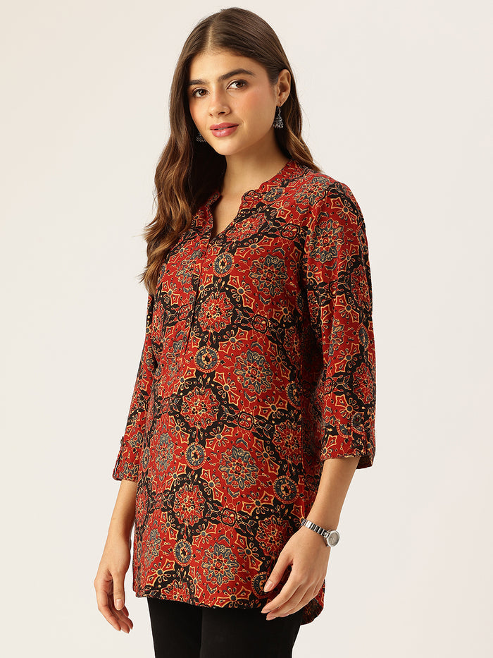 Red Printed Mandarin Collar Tunic