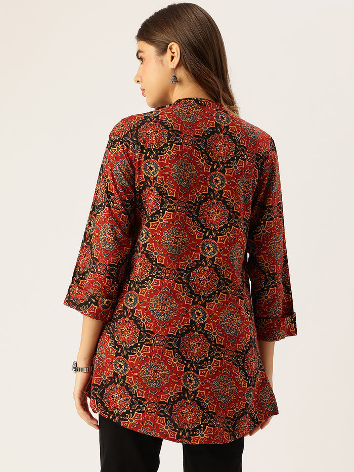 Red Printed Mandarin Collar Tunic