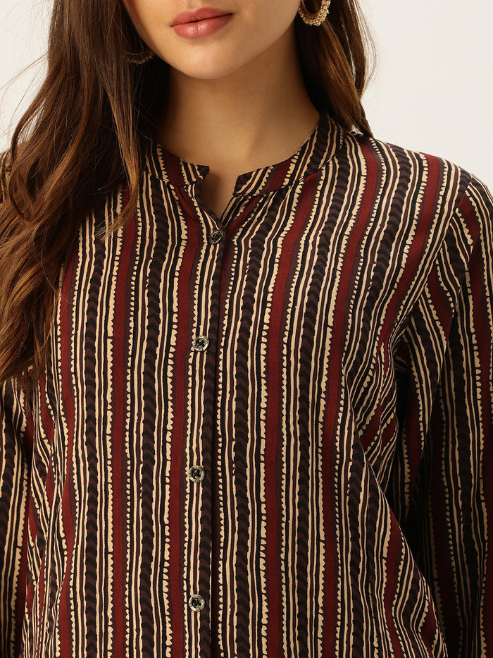 Red Striped Printed A - Line Kurta